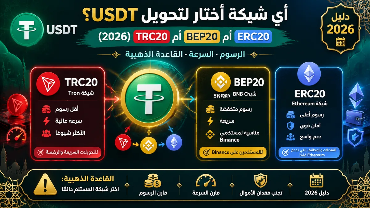 أي شبكة أختار لتحويل USDT؟ TRC20 أم BEP20 أم ERC20 (2026)